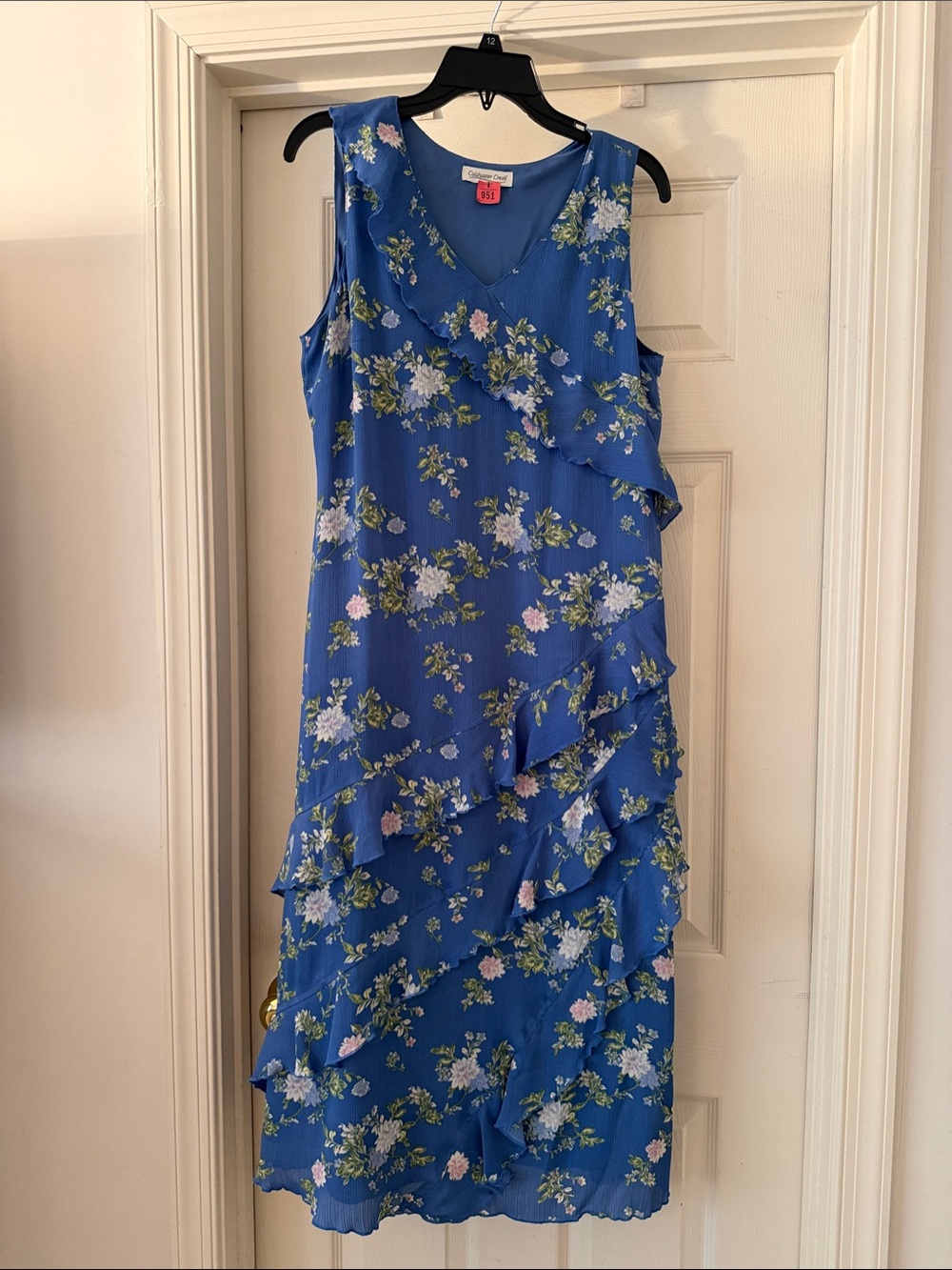 Coldwater Creek Blue Floral Ruffle Midi Dress